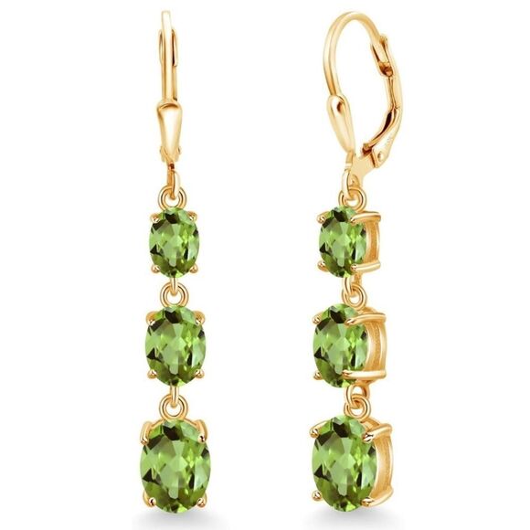 18K Yellow Gold with 5.64 Cttw 3 Stone Peridot Dangling Leverback Drop Earrings - Picture 1 of 5